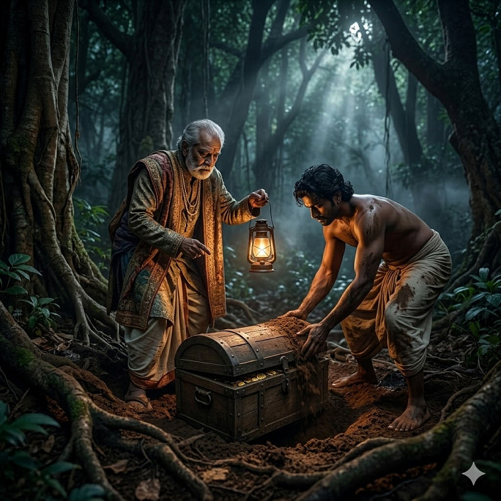 Арт пожилого землевладельца и слуги, зарывающих сундук с сокровищами в лесу. Тайна клада.