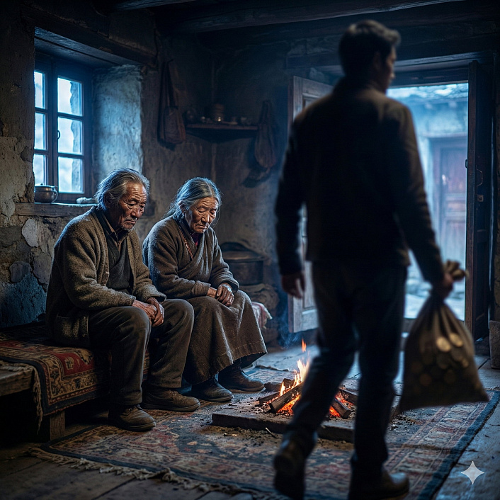 Арт изображающий грустных пожилых родителей на заднем плане и уходящего сына на переднем