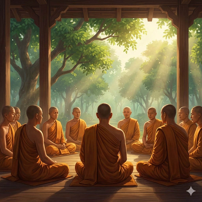 Иллюстрация буддийских монахов, слушающих поучения в роще Джеты, сила Татхагаты и Дхарма.