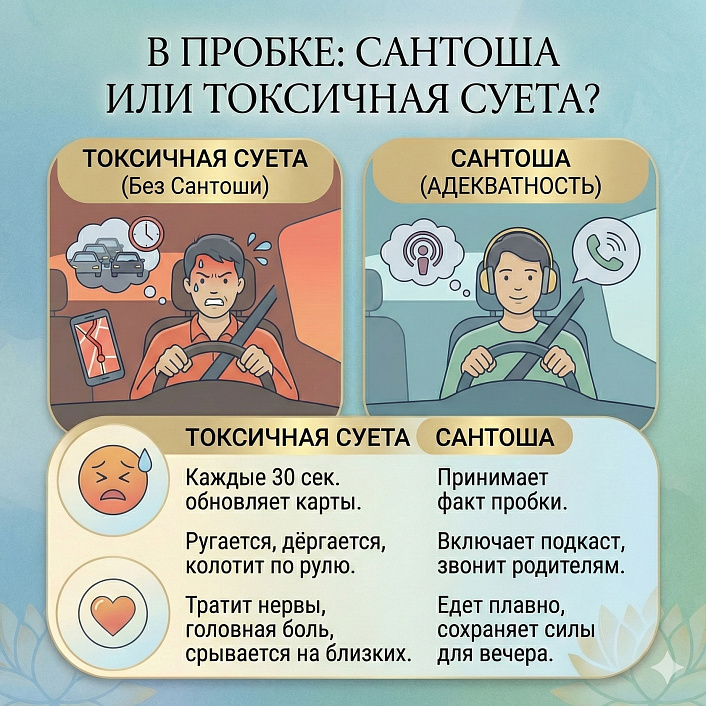 Инфографика сравнения водителя в пробке: токсичная суета против практики сантоши для сохранения внутренней энергии