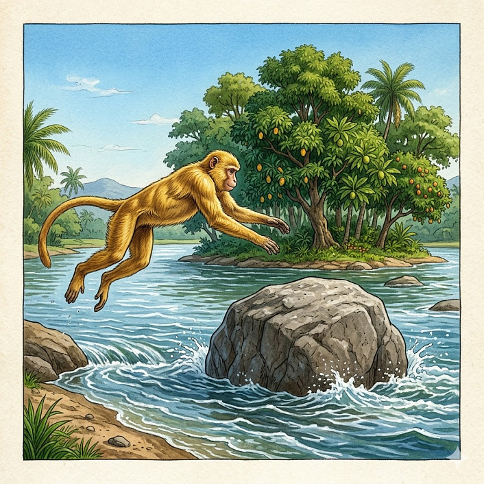 Арт с золотой обезьяной в прыжке на камень посреди реки как символ ежедневного пути к цели