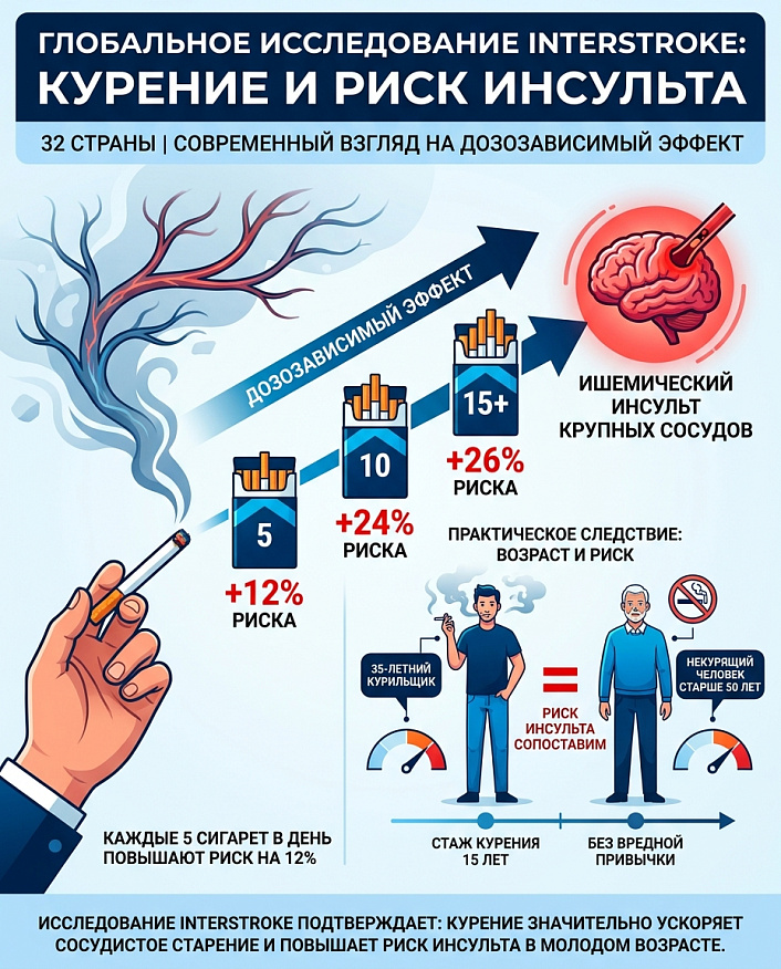 Инфографика зависимости риска инсульта от количества сигарет, иллюстрирующая исследование Interstroke