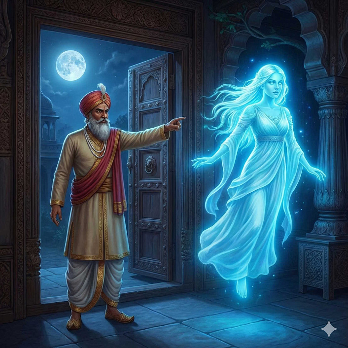 Фэнтези арт торговца изгоняющего светящуюся женщину-духа из своего древнего дома