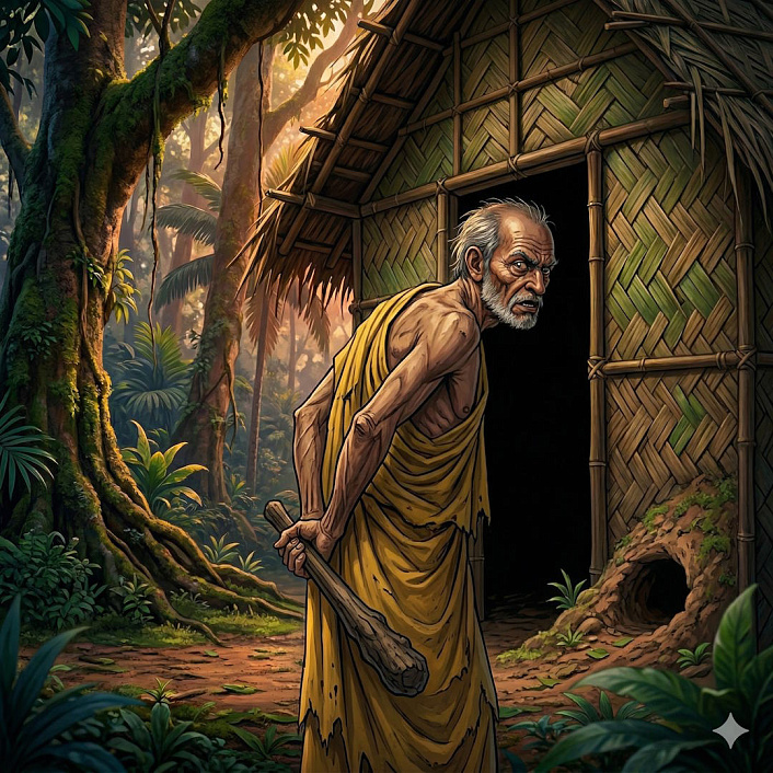 Иллюстрация монаха, прячущего дубинку за спиной, символизирующая обман и скрытую угрозу аскета.