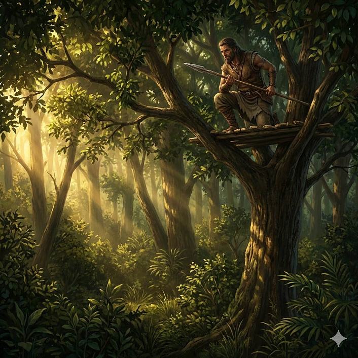 Иллюстрация. Охотник с копьем прячется в густых ветвях. Подготовка засады на оленя.