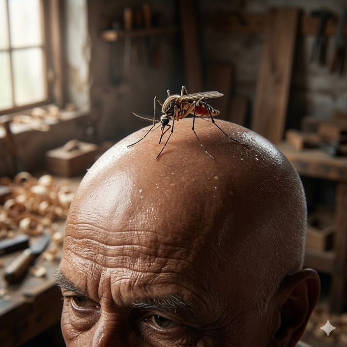 Фотореалистичный макроснимок одинокого москита, вонзающего жало в гладкую, блестящую лысину старого плотника в мастерской