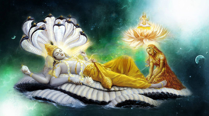 лакшми массирует стопы вишну, вишну возлежит на шеше
