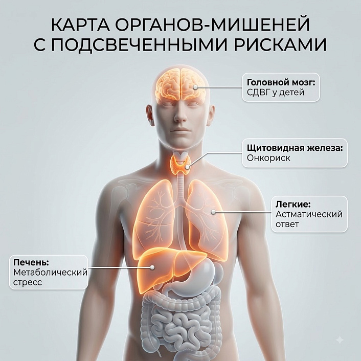 Инфографика карты органов-мишеней, показывающая риски: СДВГ мозга, онкориск щитовидки, астматический ответ легких.