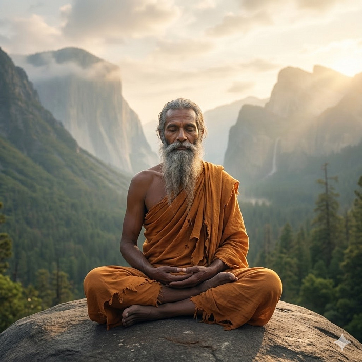 Арт медитирующего мудреца в Гималаях, символизирующий глубокое спокойствие и духовное наставничество