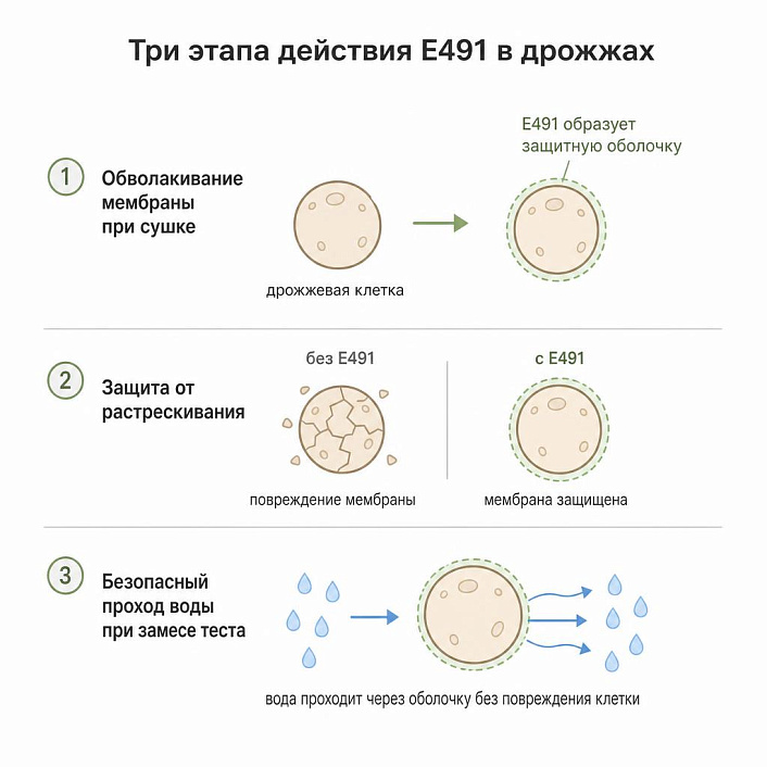 Три этапа действия Е491 в дрожжах