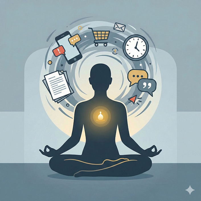 Человек пытается медитировать, а в голове рой мыслей и планов.