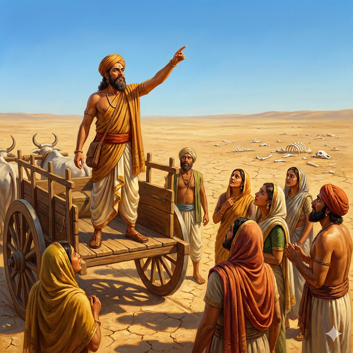 Изображение мудрого купца указывающего на ясное небо каравану