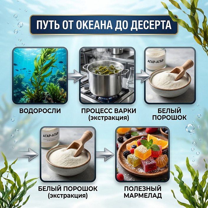 Схема этапов получения агар-агара из водорослей демонстрирует путь от экстракции сырья до готового десерта