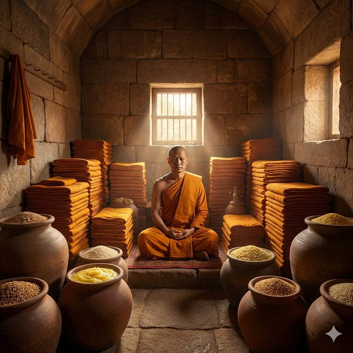 Арт монаха сидящего в келье среди множества кувшинов с едой и стопок одежды символизирующий алчность