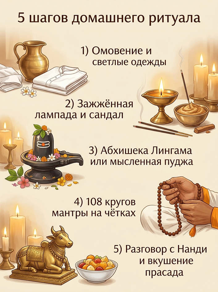 Инфографика пяти шагов домашнего ритуала пуджи, наглядно объясняющая этапы практики дома