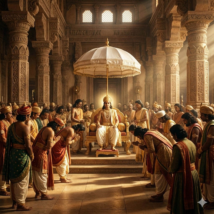 Реалистичная иллюстрация царя Гамани сидящего на троне под белым зонтом в окружении братьев и свиты