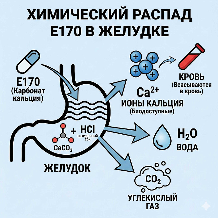 Инфографика химический распад Е170 в желудке