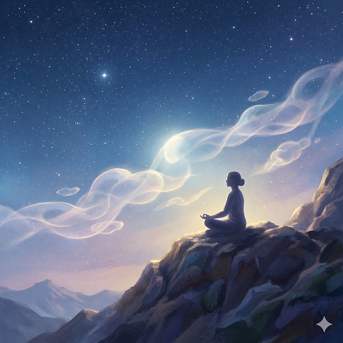 Медитативный арт человека на вершине горы наблюдающего за облаками символизирующий практику вивеки