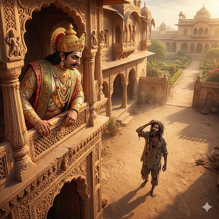 Иллюстрация индийского царя смотрящего из окна дворца на глупого крестьянина во дворе