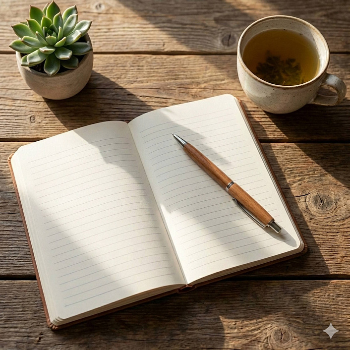 Фото открытого дневника благодарности и чашки чая на столе как инструмент практики