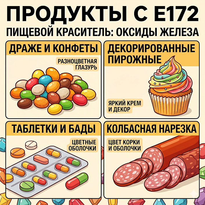 Инфографика популярных продуктов, содержащих пищевой краситель Е172.