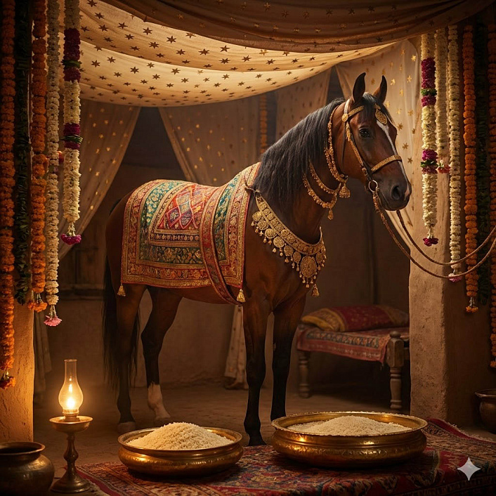 Цифровой арт боевого коня в богато украшенном стойле, иллюстрирующий начало старинной буддийской джатаки.