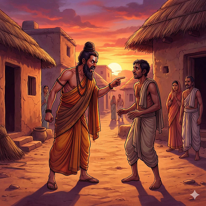 Цифровой арт гневного подвижника угрожающего сельчанину символизирует ложное предсказание по звездам