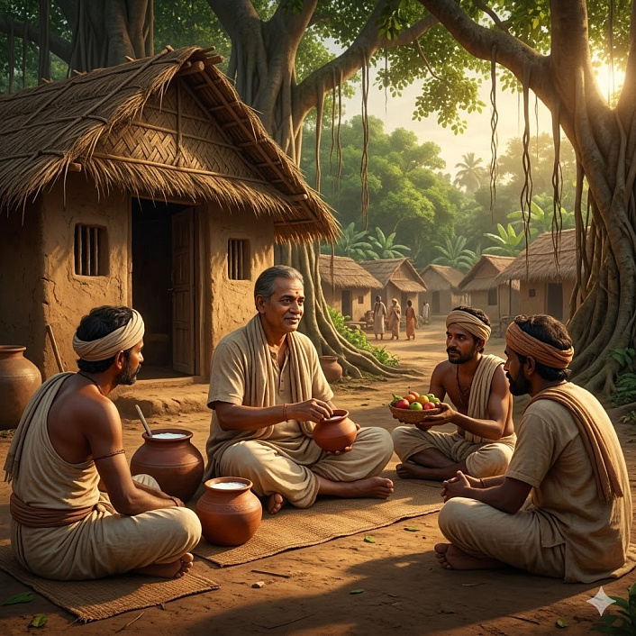 Цифровая иллюстрация мудреца, торгующего пахтой в деревне, отражающая отказ от духовного пути.