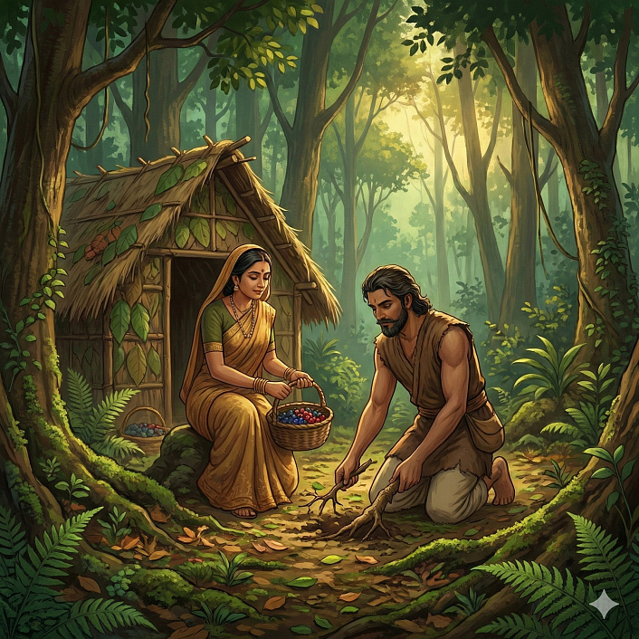 Принц и принцесса живут в лесной хижине, иллюстрация верности жены в джатаке