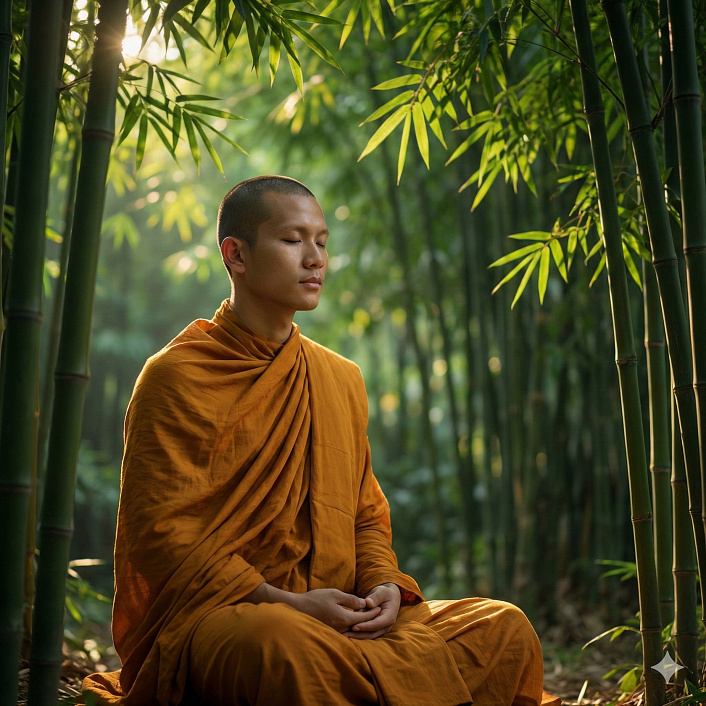 Буддийский монах медитирует в бамбуковой роще