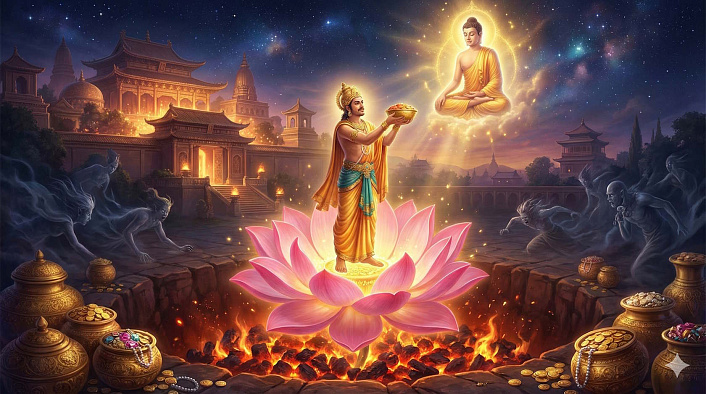 Бодхисаттва на огромном лотосе над огнем подносит дары паччека Будде, символизируя непоколебимую веру в Дхарму