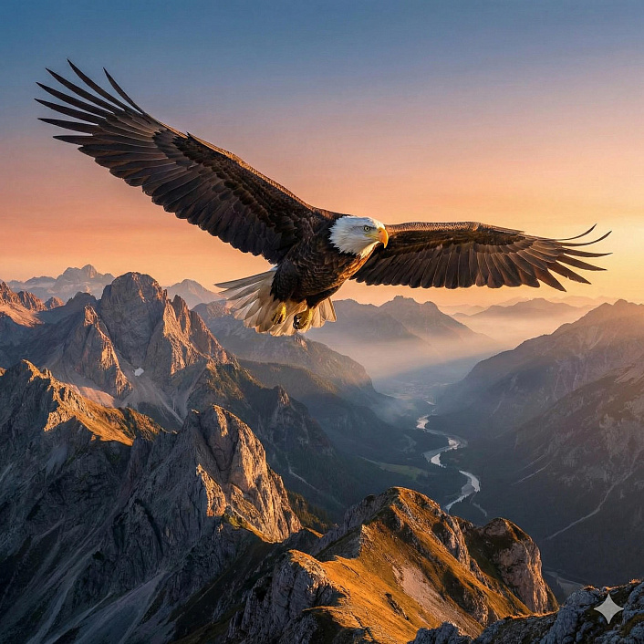 Орел с расправленными крыльями, парящий в небе, баланс абхьясы и вайрагьи