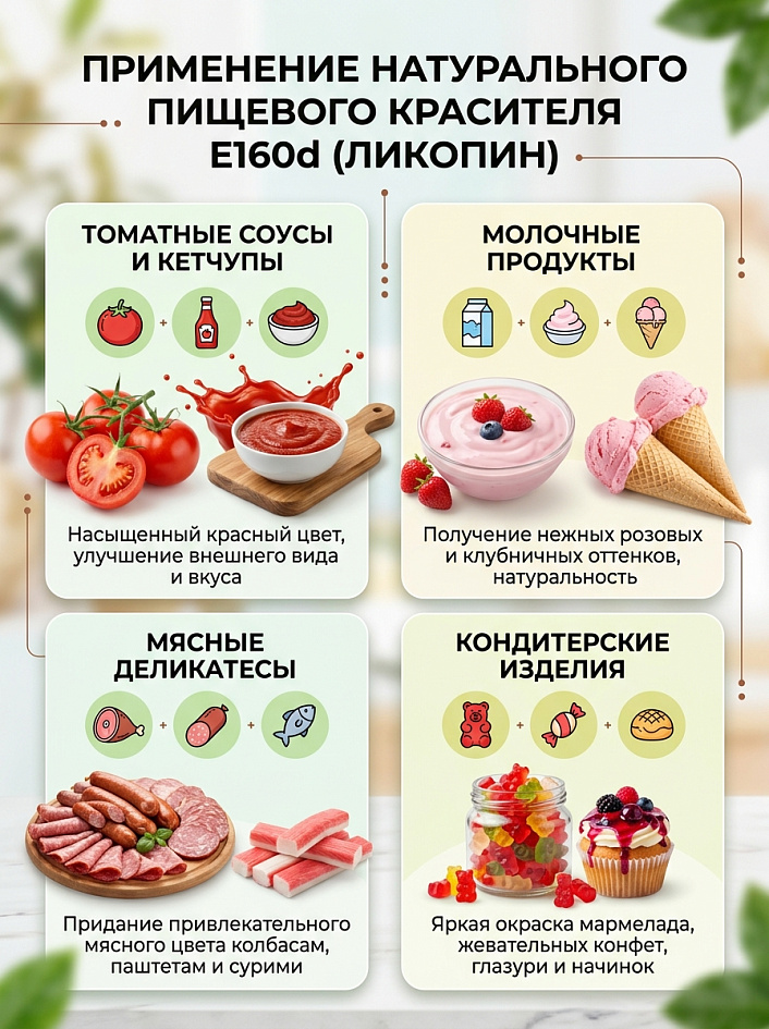 Инфографика четырех отраслей пищевой индустрии, демонстрирующая применение красителя ликопин E160d