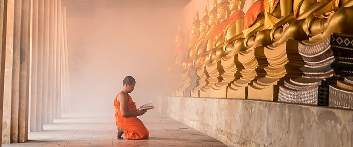 ребенок монах читает около статуй будд