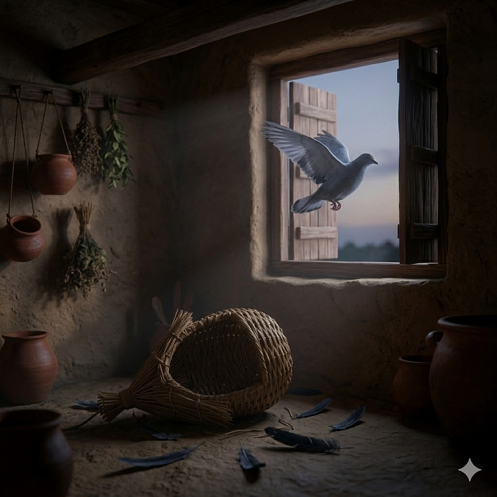 Рендер улетающего голубя на фоне разрушенного птичьего домика, иллюстрирующий последствия отказа от мудрых наставлений