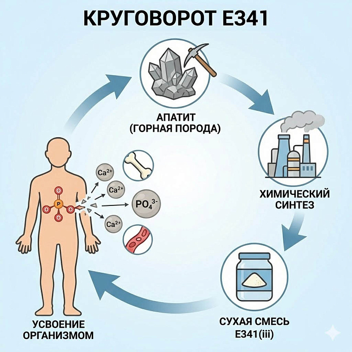 Инфографика жизненного цикла добавки E341, показывающая путь от добычи апатита до усвоения организмом в виде ионов кальция.