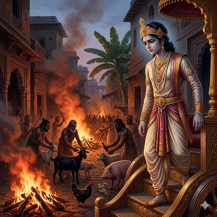Царь индийского эпоса выходит из колесницы к дымным кострам и животным для массового жертвоприношения