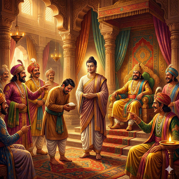 Цифровой арт царского двора, где министры смеются над глупым оценщиком, а мудрец стоит спокойно