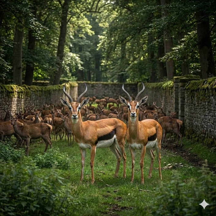 Фото двух золотых оленей-королей, Нигродхи и Шакхи, стоящих среди стада в королевском парке Варанаси. (Фото/Золотые олени/Стоят/Короли Нигродха и Шакха)