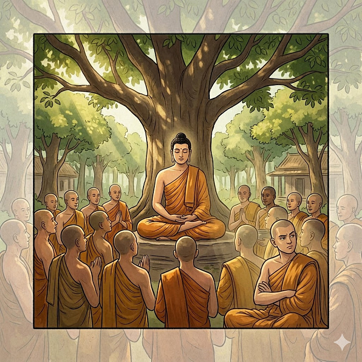 Цифровой арт Будды, обучающего монахов в роще Джеты, с одним непослушным монахом на переднем плане.