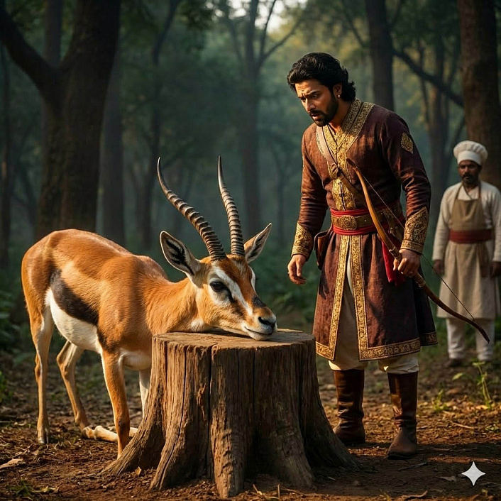 Драматическое фото золотого оленя Нигродхи на плахе перед потрясенным царем Варанаси, дарующим жизнь. (Фото/Золотой олень/Лежит на плахе/Самопожертвование Бодхисаттвы)