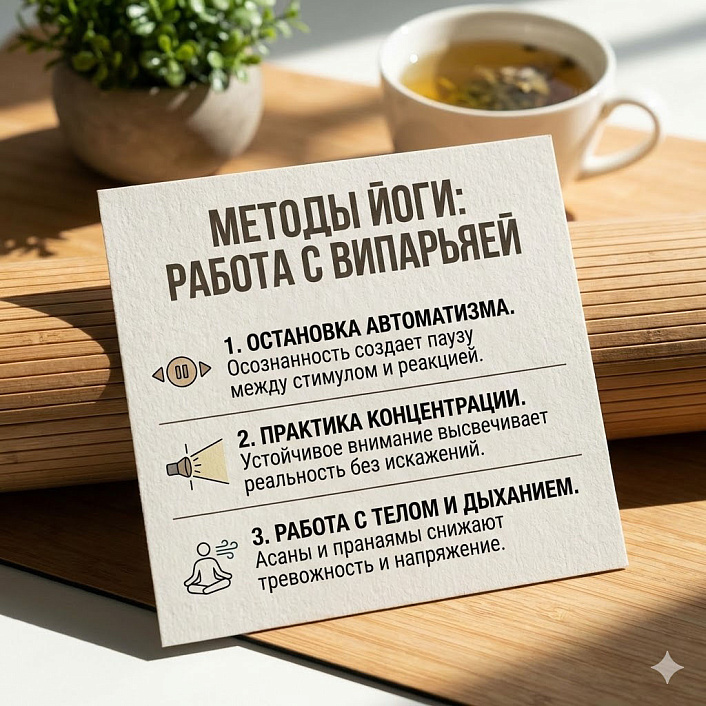 Инфографика: 3 метода йоги от випарьяи (искажения). Пауза перед реакцией, луч концентрации и работа с телом для ясности
