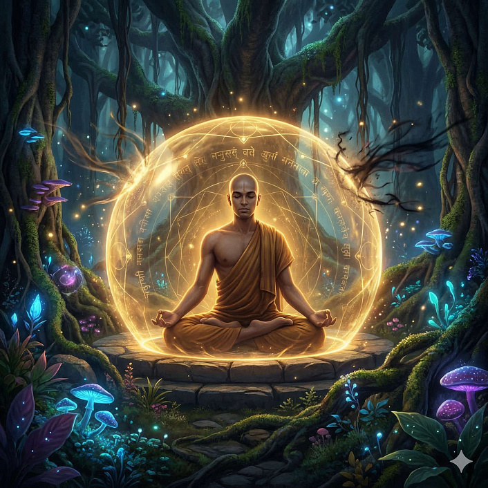 Иллюстрация йога, медитирующего внутри светящейся сферы, показывающая действие защитной мантры