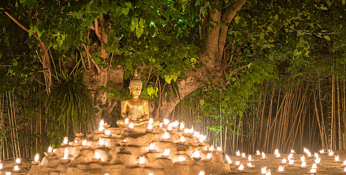 Статуя Будды под деревом, зажжённые свечи |