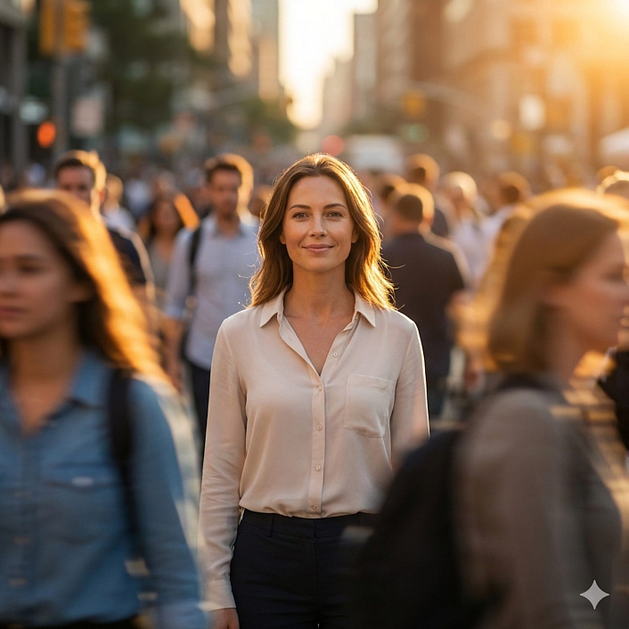 Фото спокойной женщины стоящей неподвижно в толпе спешащих людей символизирующее принцип сантоши