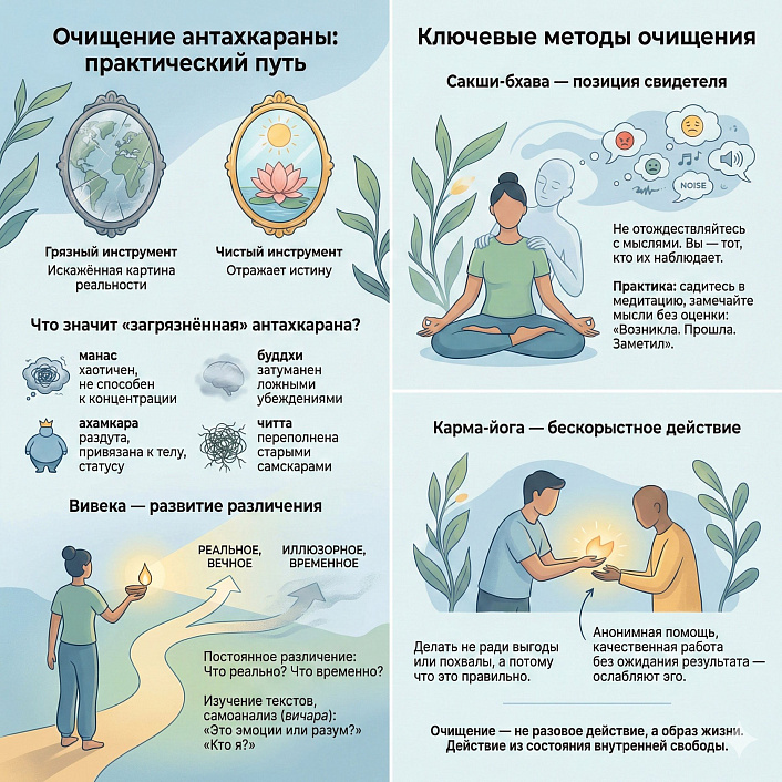 Инфографика методов очищения антахкараны: схемы практик сакши-бхава, вивека и карма-йога для ясности ума и осознанности