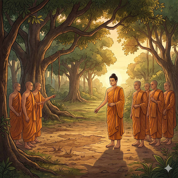 Иллюстрация Будды и монахов, осматривающих пустой участок земли, притча о вредителе сада.