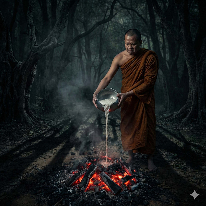 Арт завистливого настоятеля, выливающего сладкую кашу в горящие угли (корень плохой кармы)