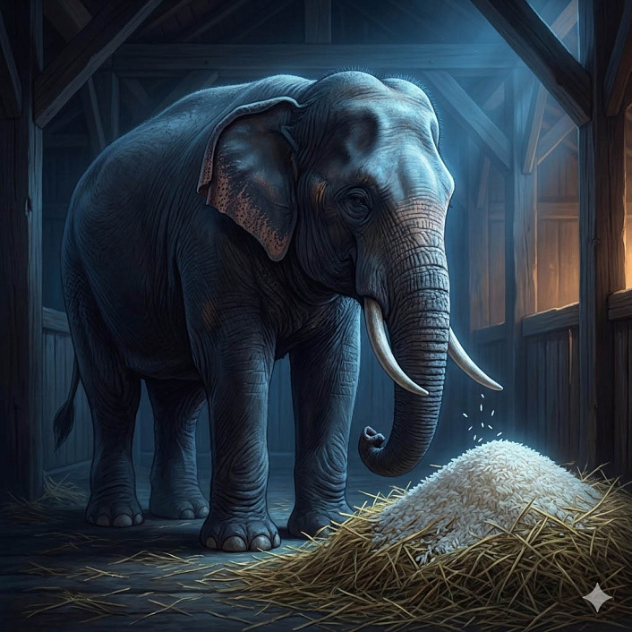 Арт грустного слона, стоящего перед нетронутой едой в темном стойле, как пример глубокой тоски от потери близкого друга