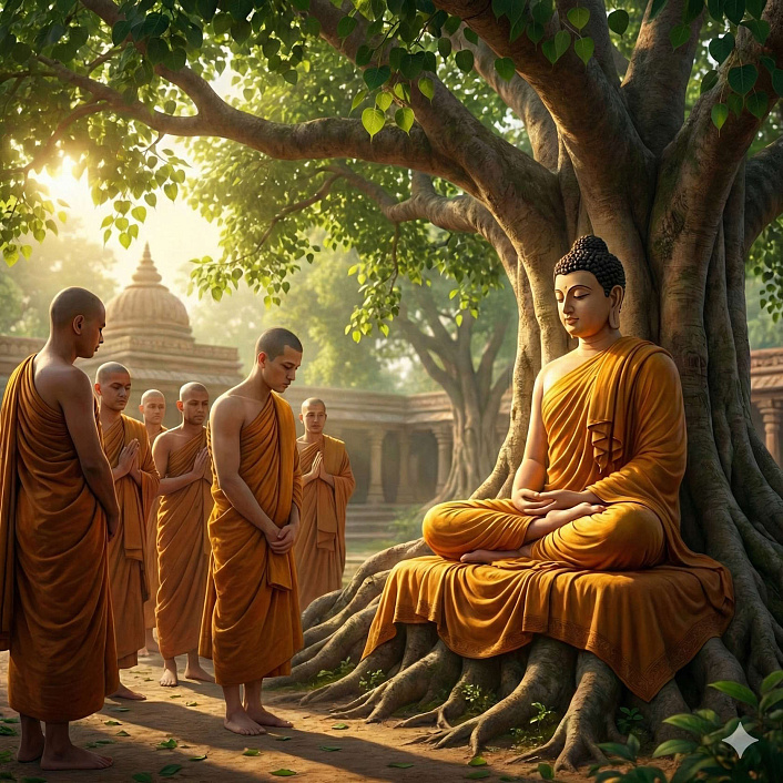Цифровой арт Будды в позе лотоса беседующего с монахами в роще Джетавана